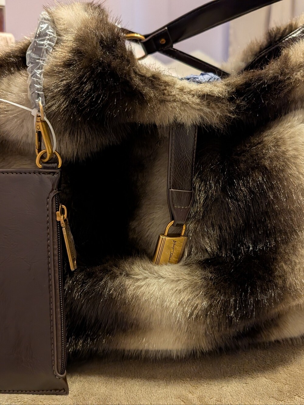 Betsey Johnson Luxurious Brown Faux-Fur Tote Bag with Gold Hardware
